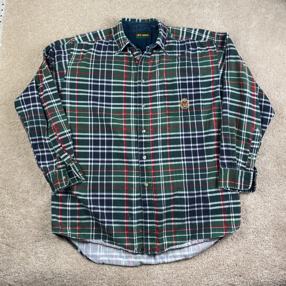 Ivy Crew Mens Green Plaid Long Sleeve Button Down Crest Shirt Large